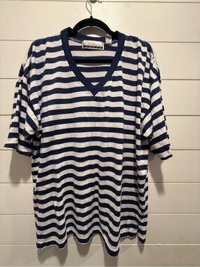 Vintage Diana Marco Navy & White Striped V-Neck Short Sleeve Tee
